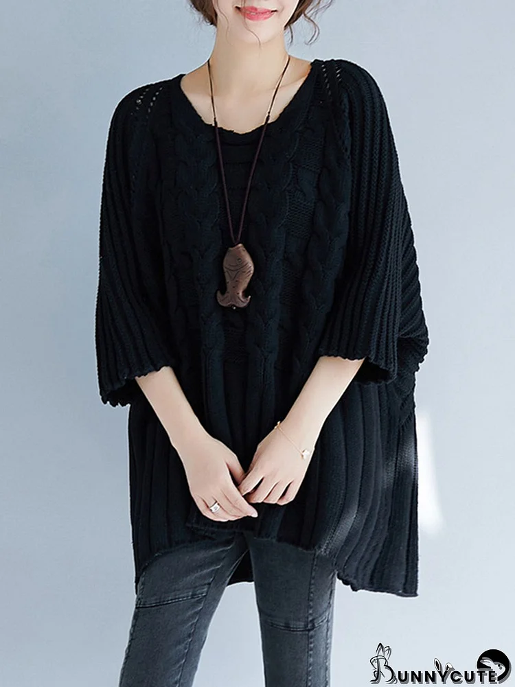 Vintage Loose Solid Color Round-Neck Batwing Half Sleeves Knitting Sweater