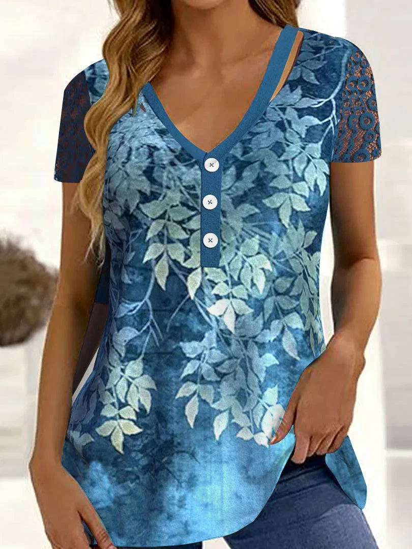 Women's Short Sleeve V-neck Floral Printed Lace Tops