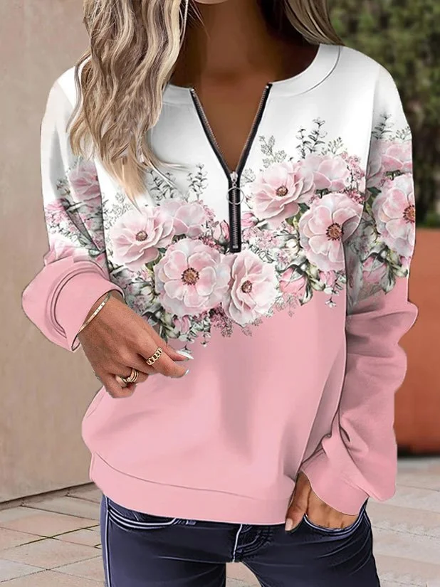 Round Neck Floral Sweatshirt With Zipper VangoghDress
