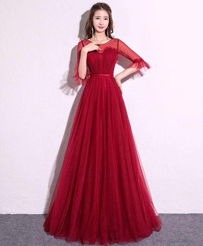 Burgundy Tulle Long Prom Dress, Burgundy Evening Dress