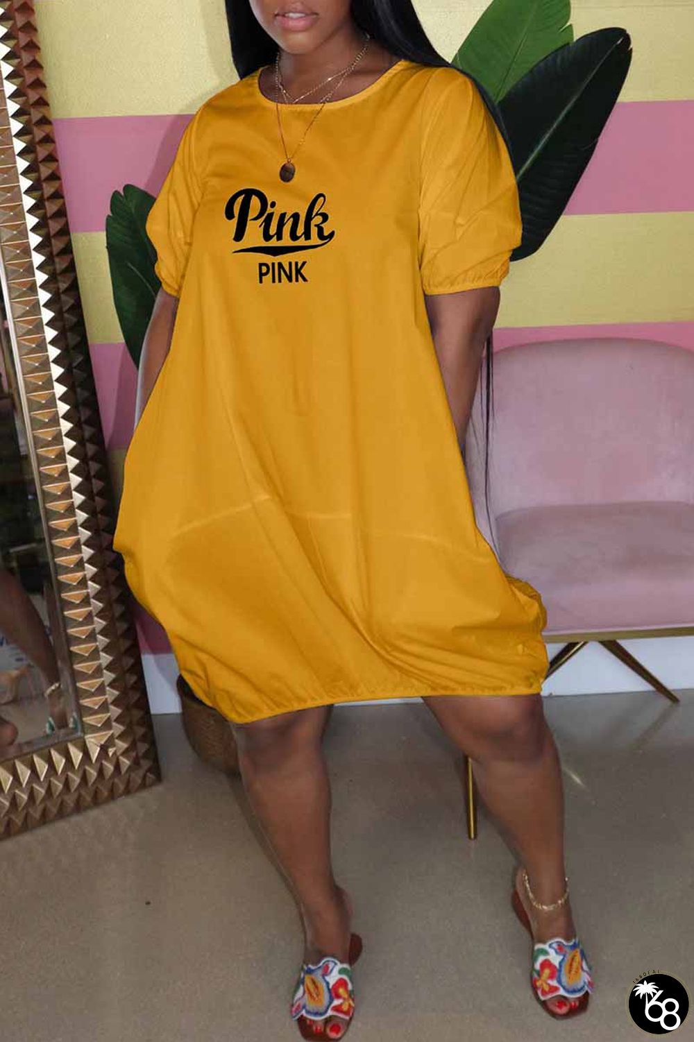 Gold Casual Print Letter O Neck Lantern Skirt Dresses | 168DEAL