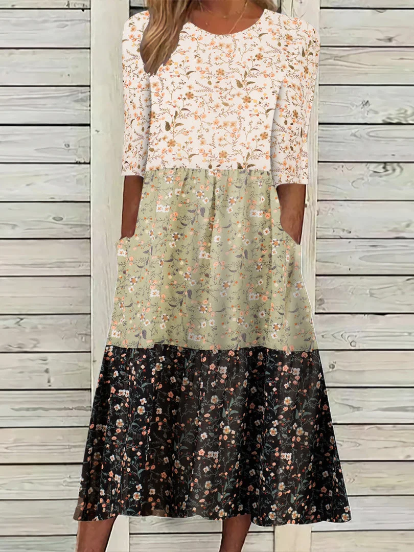 Women's Half Sleeve Scoop Neck Graphic Floral Printed Midi Dress
