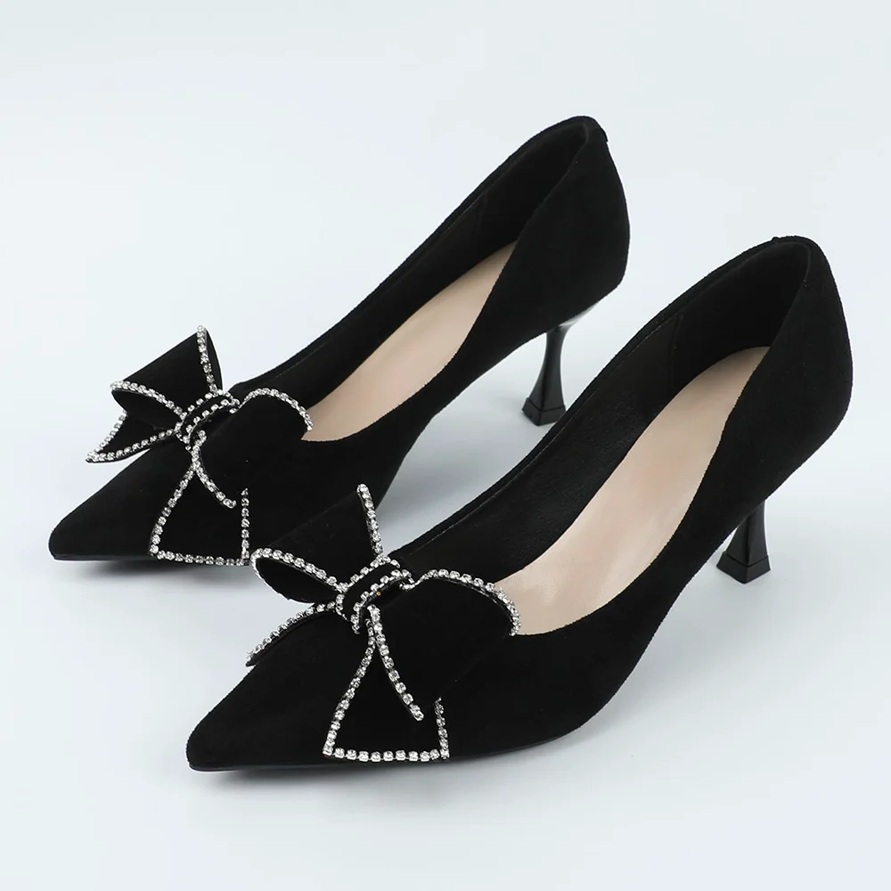 Black Suede Pointed Toe Kitten Heel with Bow Knot Decor Nicepairs