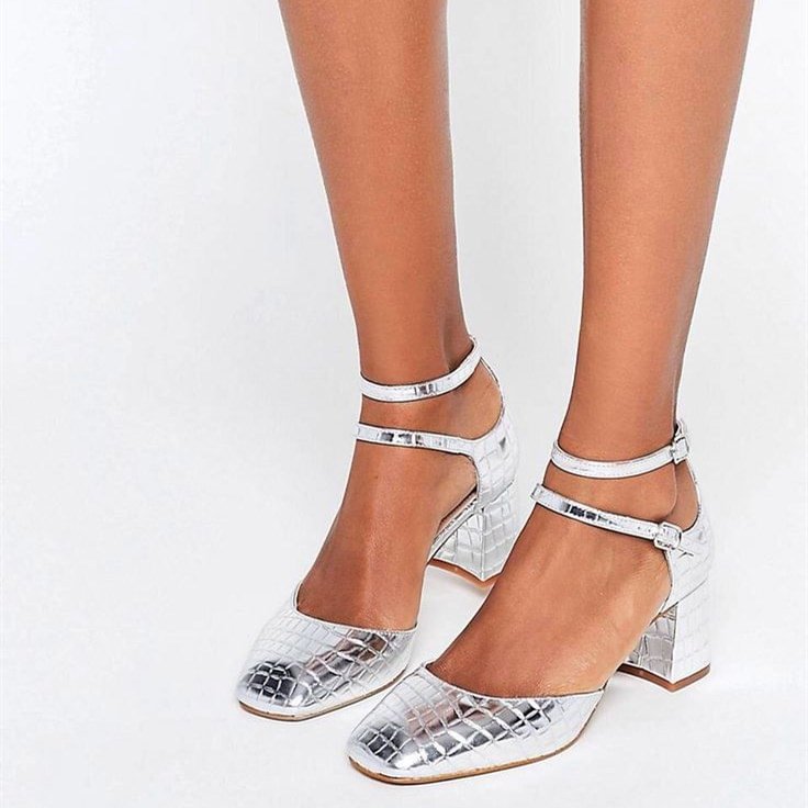 Women's Silver Chunky Heels Ankle Strap Pumps Vintage Shoes |FSJ Shoes