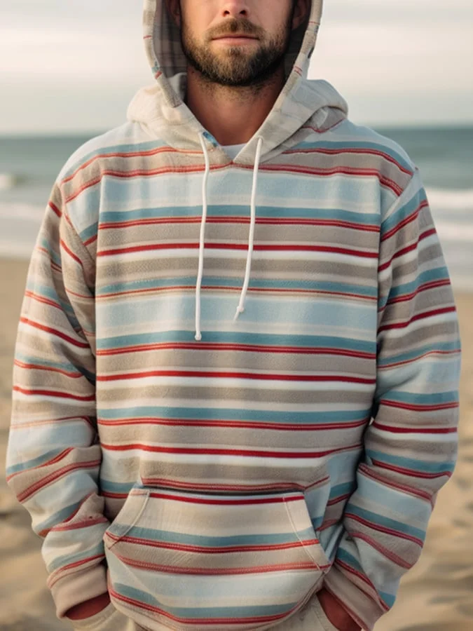 Men's Retro Casual Contrast Striped Hoodie