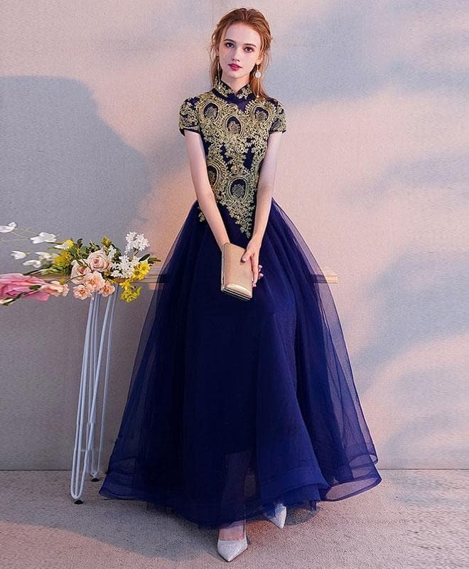 Blue High Neck Lace Tulle Tea Length Prom Dress, Tulle Evening Dress