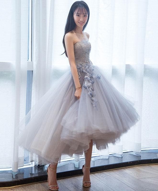 Gray Tulle Lace Short Prom Dress, Homecoming Dress