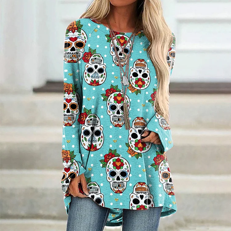 Vefave Skull Polka Dot Print Long Sleeve Tunic