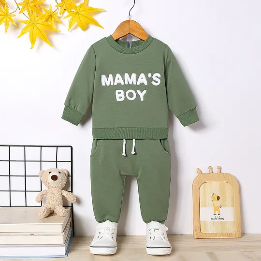 【3M-3Y】Boys' Crewneck Letter Print Top & Solid Pants Set