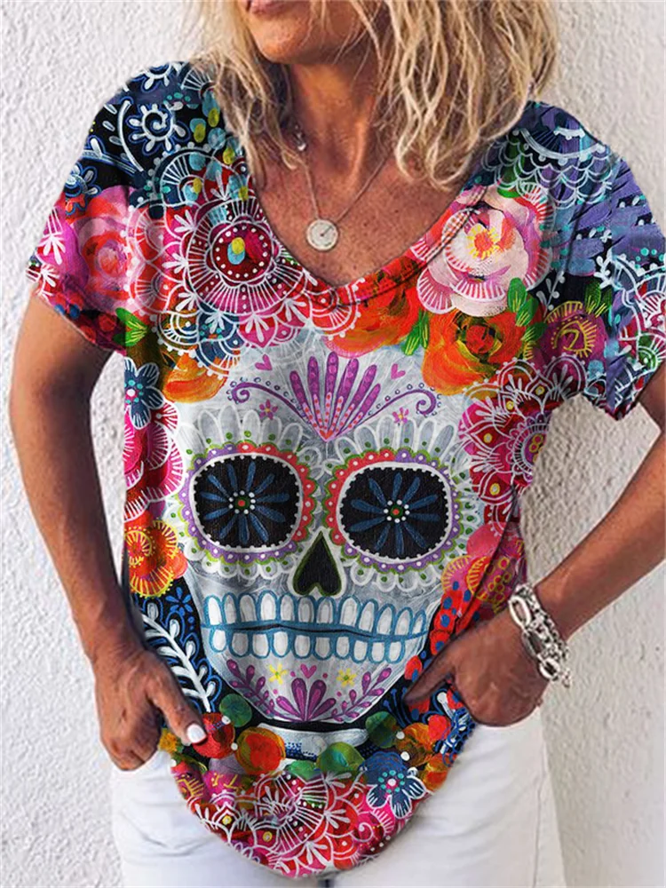 Vefave Floral Sugar Skull Art V Neck T Shirt