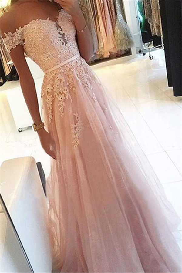 Dresseswow Off-the-Shoulder Lace Appliques Prom Dress Tulle Long Party Gowns