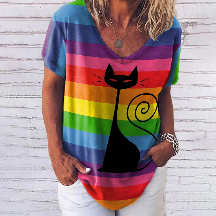 Vefave Casual Rainbow Cat Print T-Shirt
