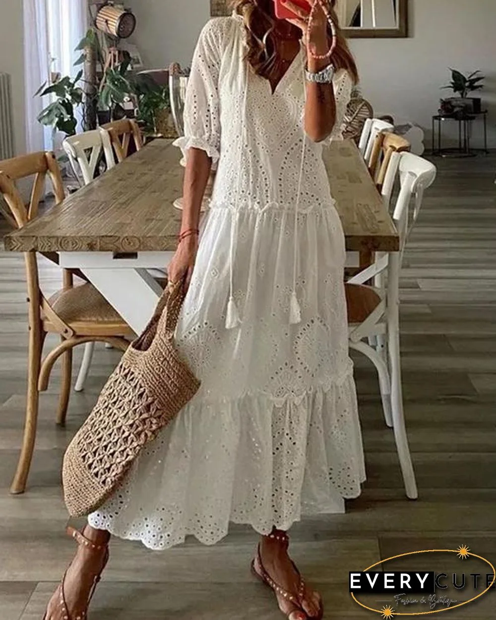 Soft Cotton Hollow Out Mid Sleeve Maxi Dress