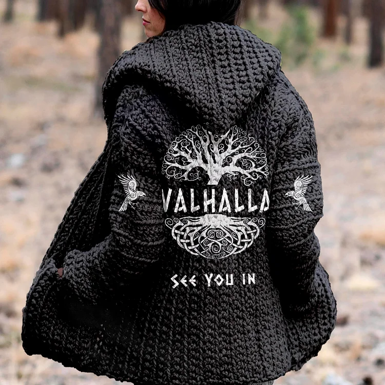 Retro Viking Runes Life Of Trees Inspired Print Hooded Cardigan Sweater