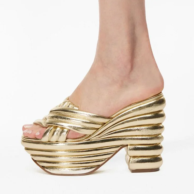 Gold Platform Shoes Women's Chunky Heel Open Toe Mules Sandals |FSJ Shoes