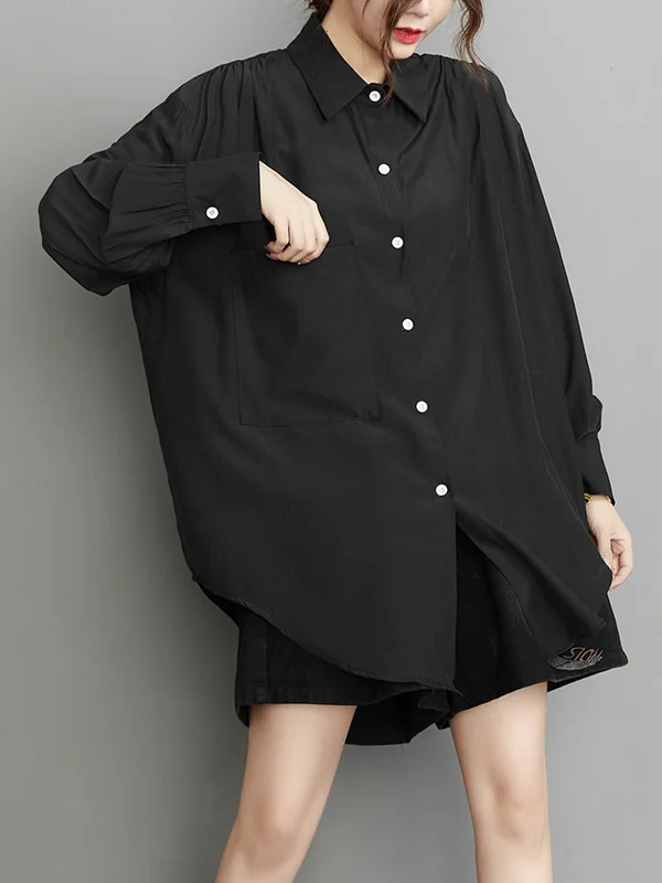 Minimalist 2 Colors Buttoned Lapel Collar Long Sleeves Blouse