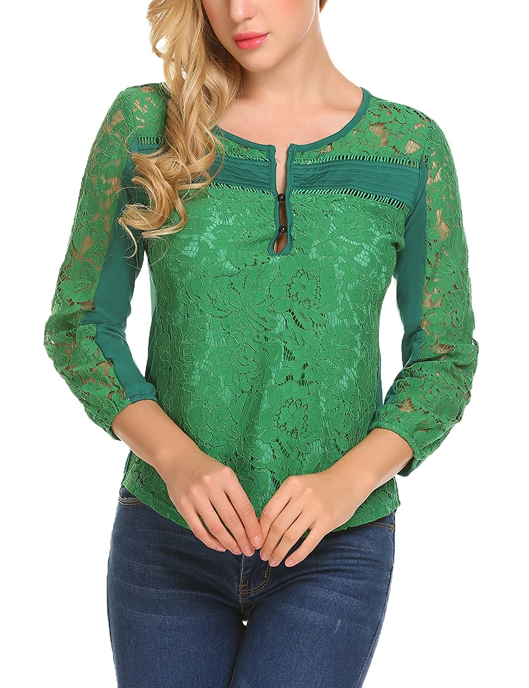 Women Casual V-Neck 3/4 Sleeve Floral Lace Button Blouse Tops