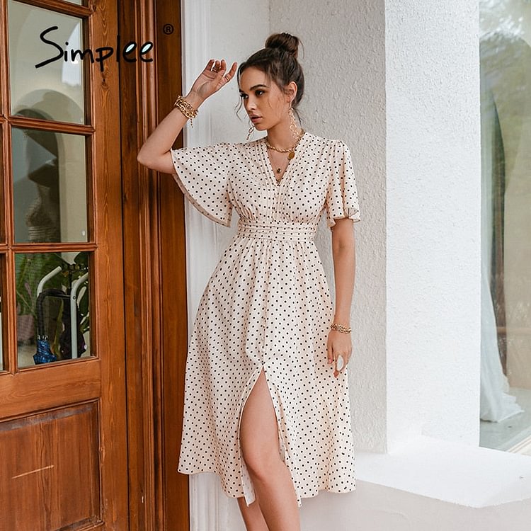 Chic polka dot botton a-line dress women Bell sleeve high waist maxi dress elegant Office lady dresses spring summer2021 - BlackFridayBuys