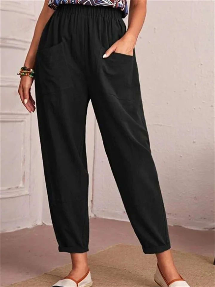 Women's New Cotton and Linen Nine-minute Trousers Elasticated Waist Casual Trousers Pocket Small Leg Trousers-JRSEE