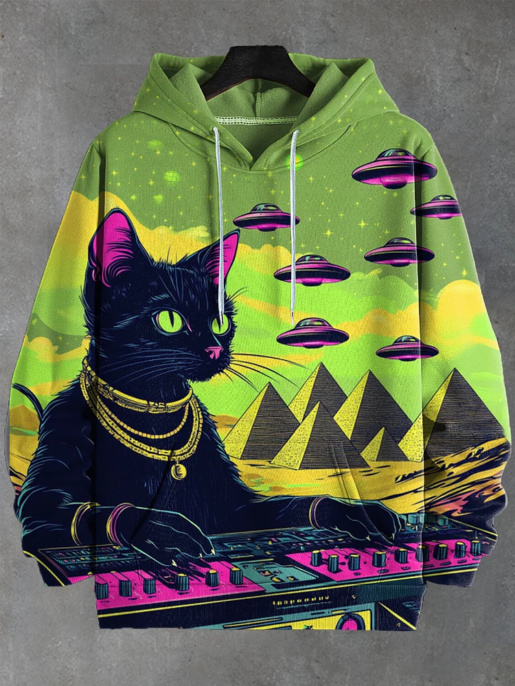Men's Hip Hop Black Cat DJ Sci-Fi Art UFO Print Casual Hoodie