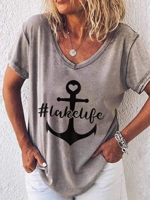 Bestdealfriday Anchor Lakelife Printed V Neck T-Shirt 9630438