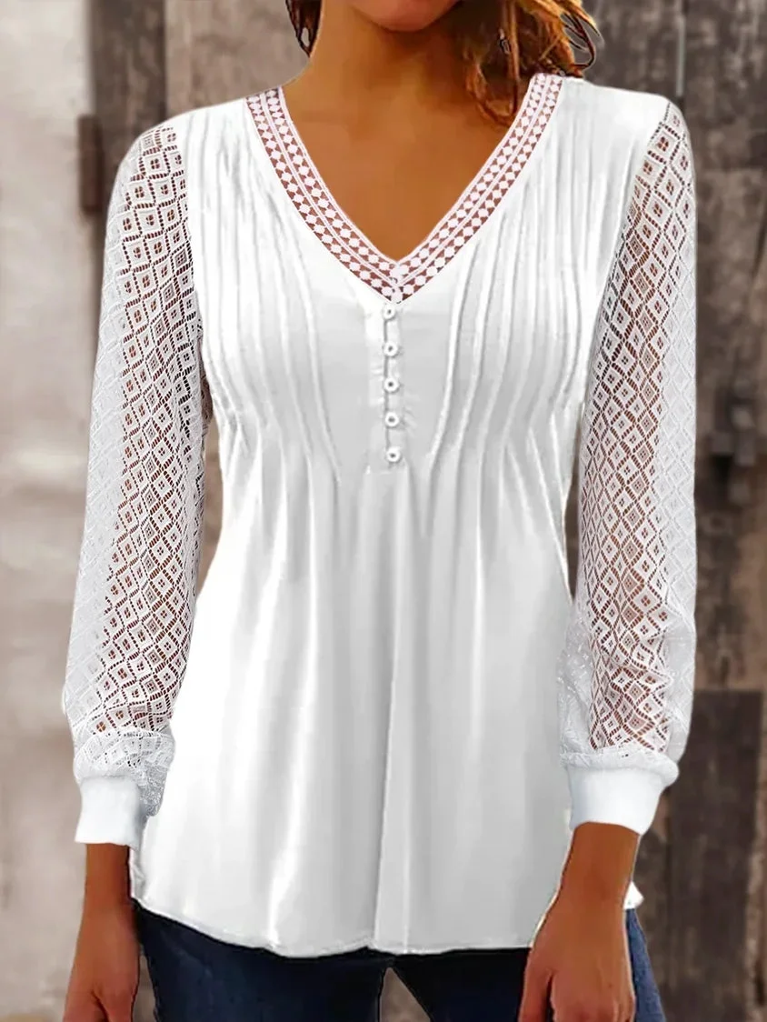 Plain Casual Patchwork Lace V-neck Tunic Top