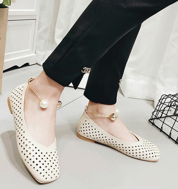 Women's Beige Square Toe Hollow Out Vintage Comfortable Flats |FSJ Shoes