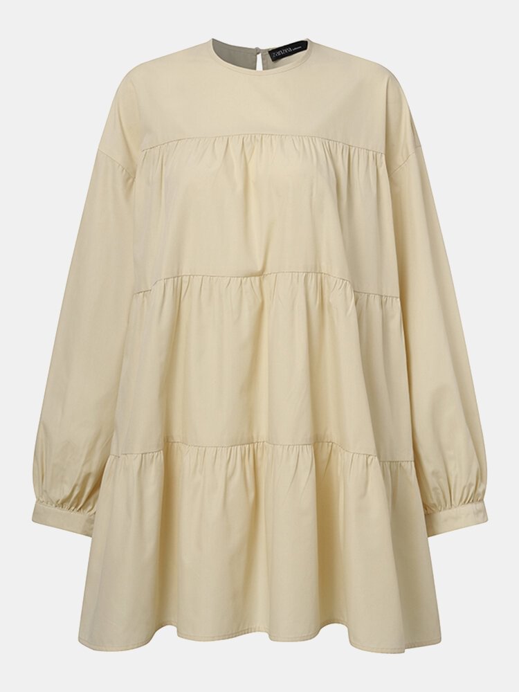 Solid Color Pleated Ruffle Long Sleeve Casual Blouse for Women P1790055