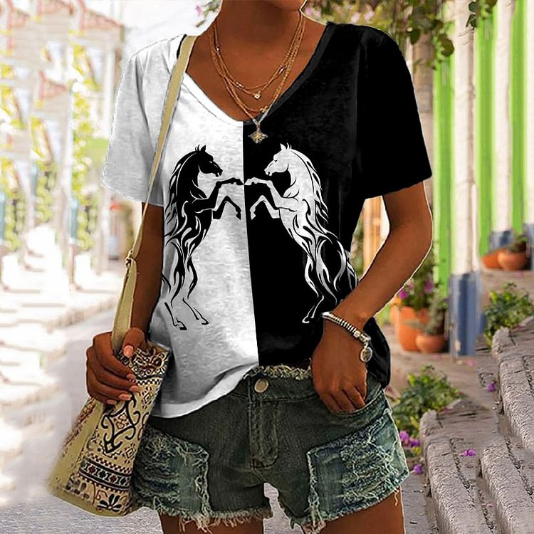Vefave Casual Colorblock Horse Print T-Shirt
