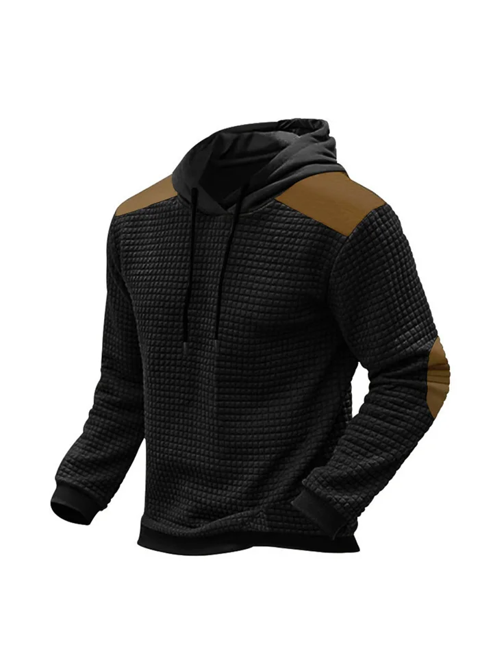 Men's Jacquard Plaid Colorblocking Sweater Long-sleeved Hooded Pullover Round Neck Light Casual Sweater Man-Cosfine