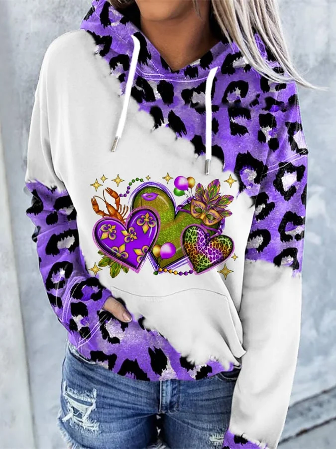 Women's Mardi Gras Hearts Print Long Sleeve Hoodie socialshop