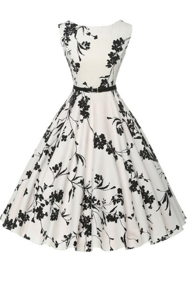 Vintage Round Neck Belt Hepburn Printed Dress - Shop Trendy Women's Clothing | LoverChic