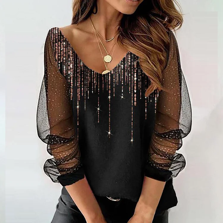 Mesh Paneled Long Sleeve V-Neck Slim Fit Bottoming Shirt socialshop