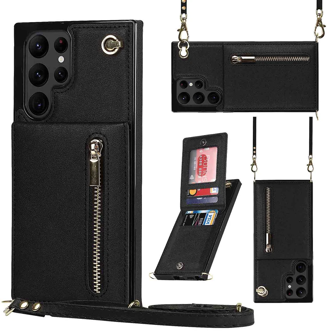 Luxury Leather Crossbody Lanyard Zipper Protective Phone Case With Phone Card Holder For Galaxy S22/S22+/S22 Ultra 5G