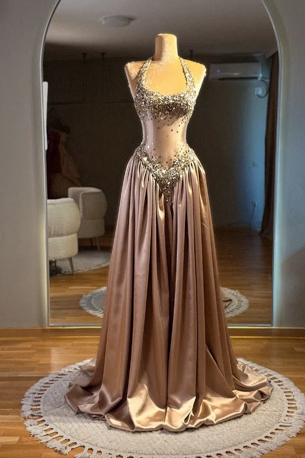 Ovlias Gorgeous Brown Halter Sleeveless A-Line Prom Dress Pleated with Sequins