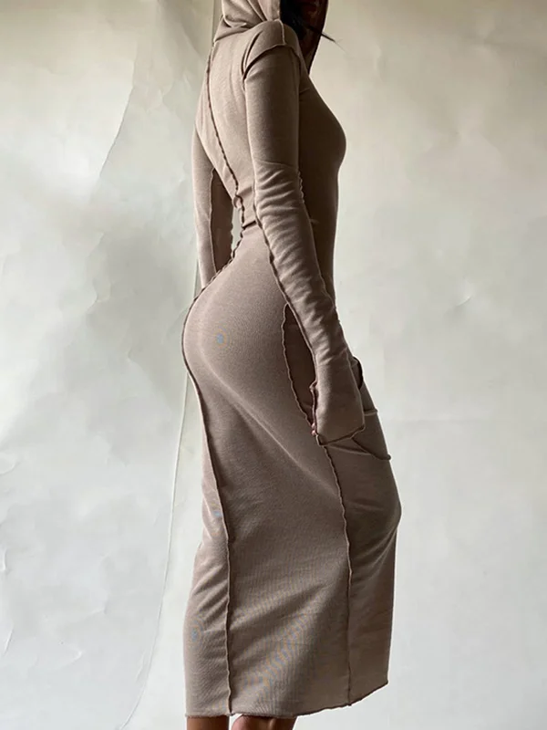 Long Sleeves Plus Size Solid Color Split-Joint Hooded Maxi Dresses