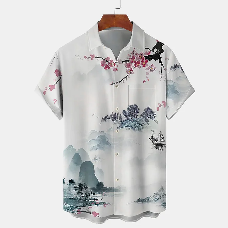 Comstylish Vacation Hawaiian Retro Plum Blossom Pattern Printed Shirt