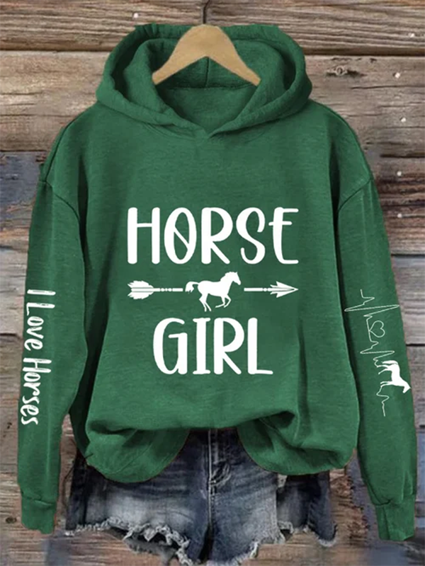 Women's I Love Horses Girl Heartbeat Print Casual Hoodie