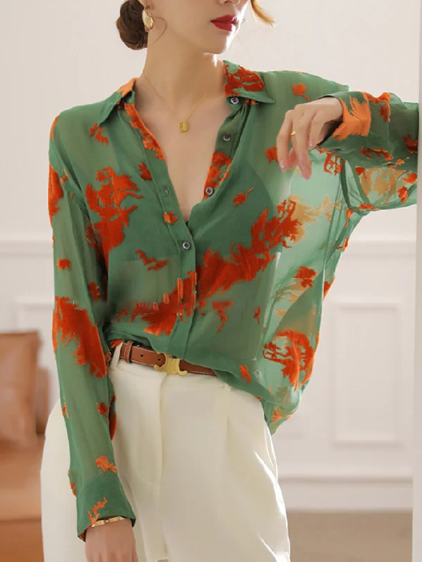 Long Sleeves Printed See-Through Lapel Blouses&Shirts Tops