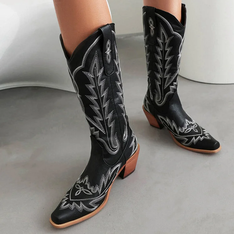 Leaf Embroidery V Groove Chunky Heels Cowgirl Mid Calf Boots