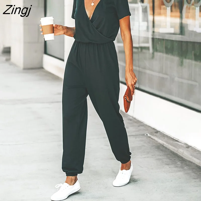 Zingj PETAL V-neck Short Sleeve Jumpsuit For Woman Casual Long Jogger Pants Playsuit 2023 Summer Overalls Bodysuits Rompers