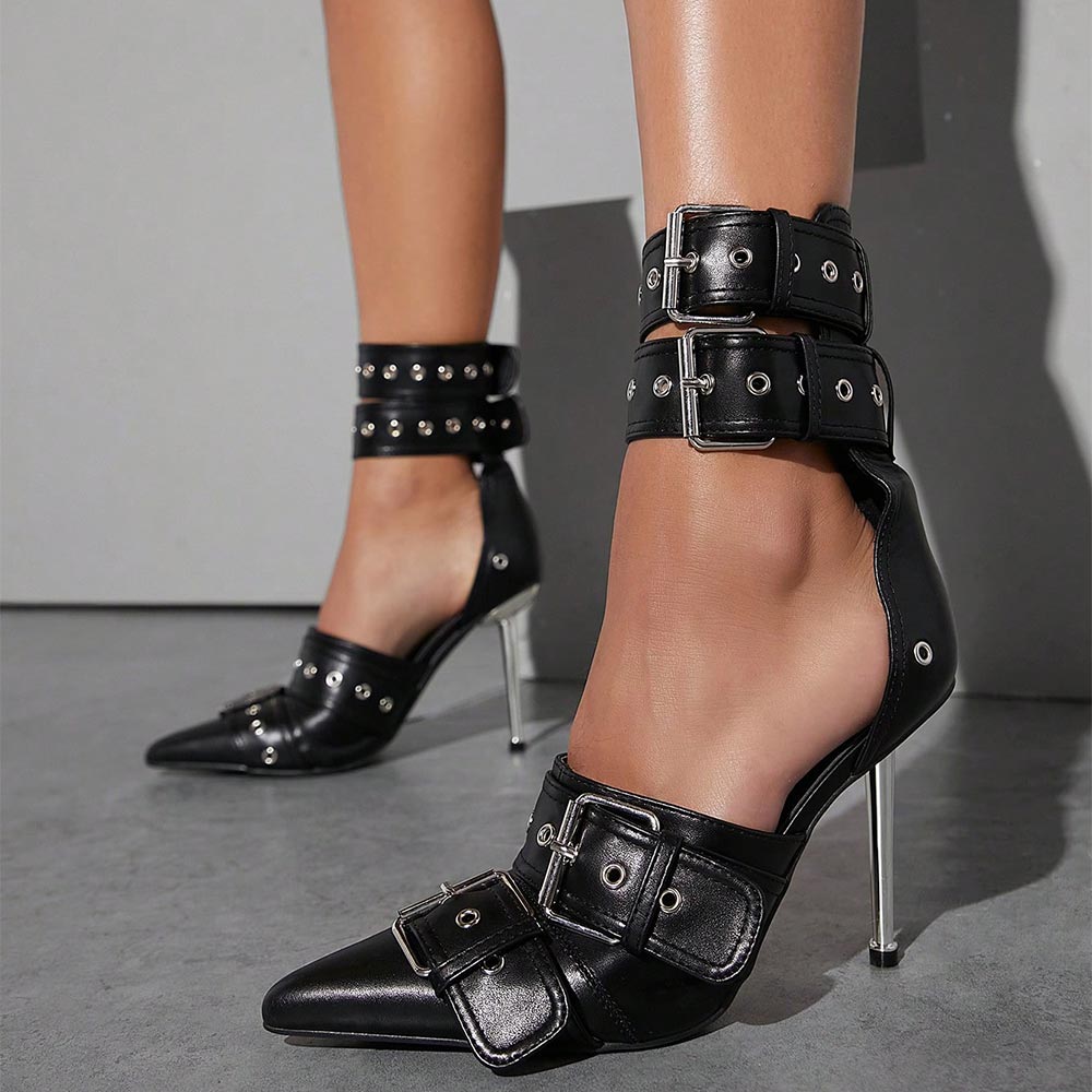 Black Fashion Stiletto Heels Pointed Toe Grommet Buckle