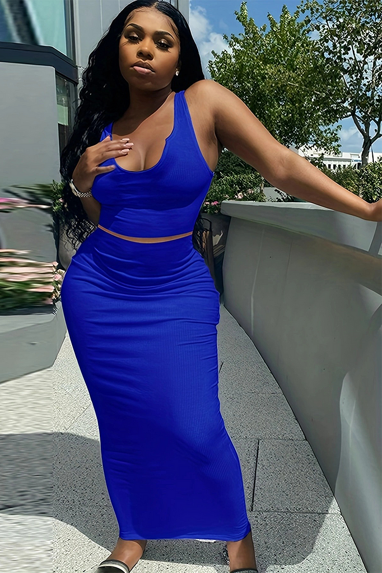 Knit Solid Color Crop Tank Top Bodycon Maxi Skirt Matching Set-Blue