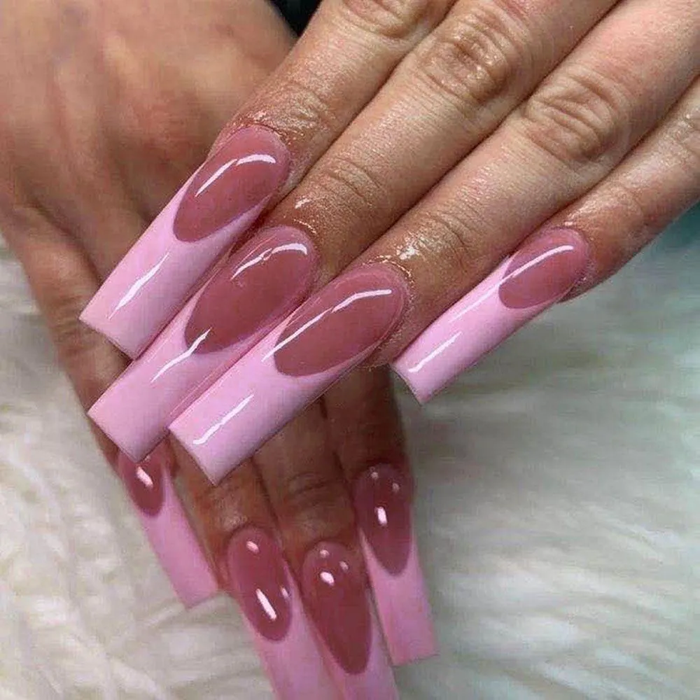 24pcs Nude Pink Long French Fake Nails Extra Rhinestone Decal Bride