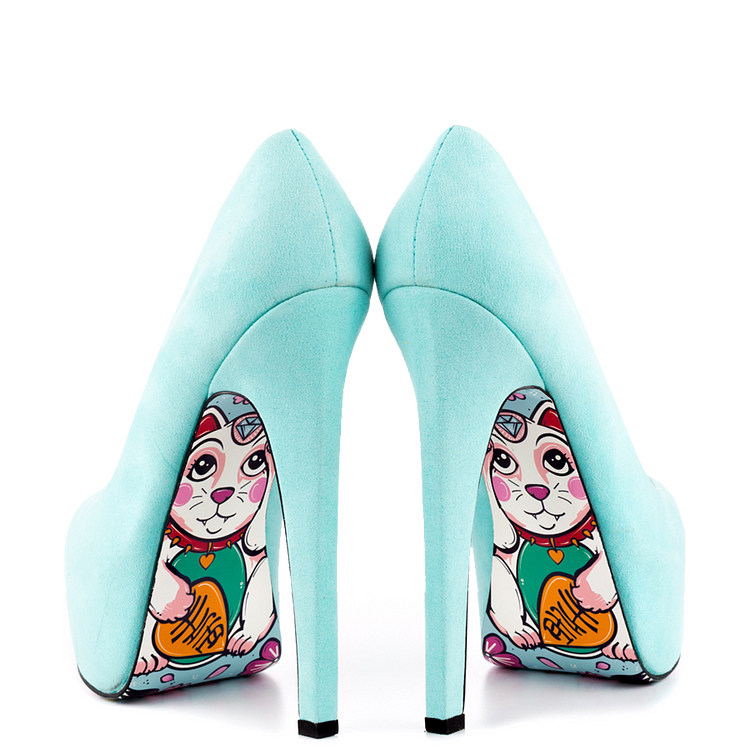Cyan Floral Print Stiletto Heels Almond Toe Pumps Platform Shoes For Women |FSJ Shoes