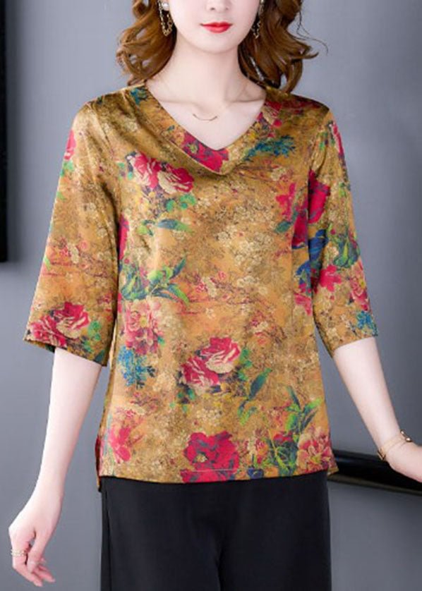 Chic Yellow Side Open V Neck Print Silk Blouse Tops Half Sleeve