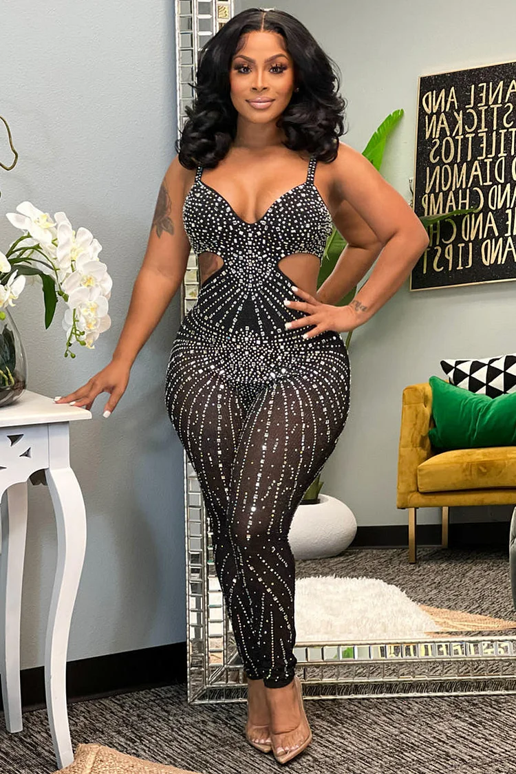Rhinestone See-Through Cutout Cami V Neck Party Jumpsuit