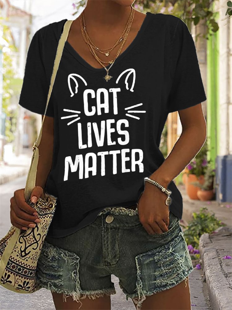 Vefave Cat Lives Matter V Neck T Shirt