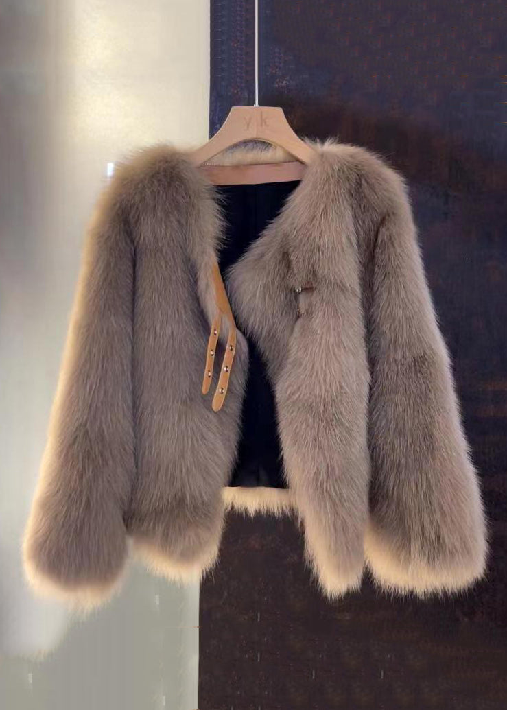 New Coffee Patchwork Leather And Fur Coats Winter