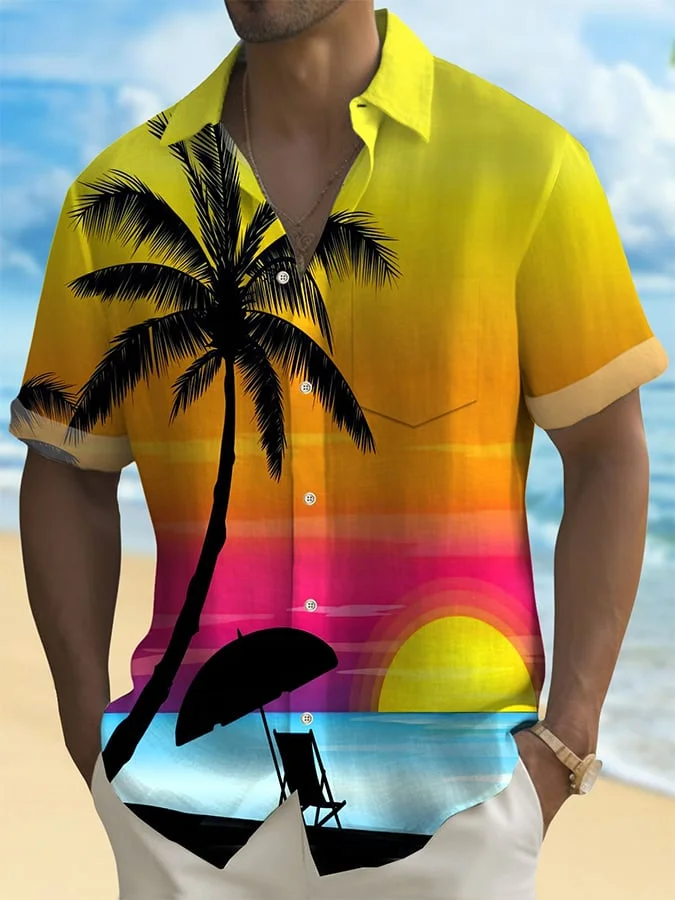 Men's Hawaiian Resort Coconut Tree Print Lapel Shirt